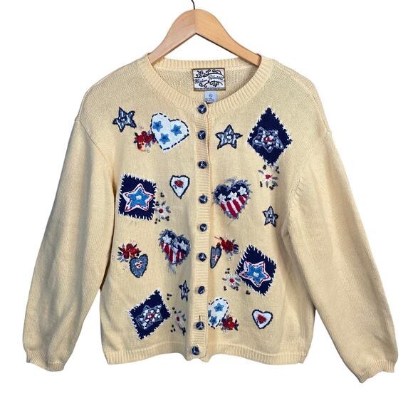 Vintage Heirloom Collectibles XL Patriotic Cardigan Sweater USA Stars Hearts - Picture 1 of 13